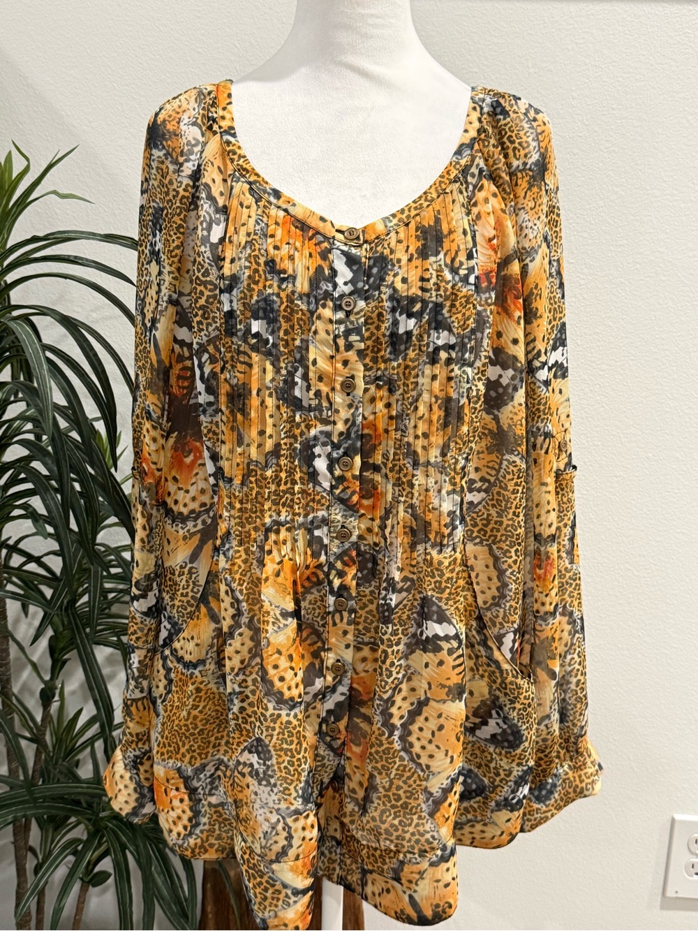 Grace Elements Butterfly & Leopard Print Peasant Blouse Vibrant Lightweight XXL